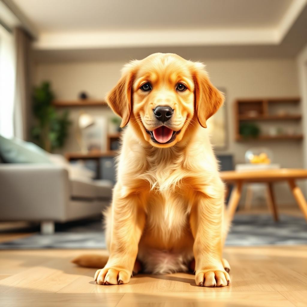 Filhote de golden retriever sentado calmamente na sala de um apartamento